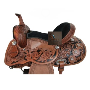 Selle de cheval western en cuir marron repoussé avec gravures florales, siège en daim noir orné de cristaux transparents, avec kit de harnais, 10-18 pouces - Product Image 5