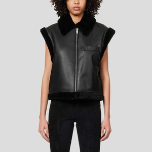 Chaleco de Cuero Genuino con Forro de Borrego para Mujer, Estilo Bomber B3, Color Negro, para Invierno - Product Image 1