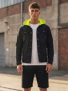 Men's Black Denim Jacket With Neon Yellow Hood Casual Washed Style Button Front Regular Fit Autumn Wear - Product Image 2
