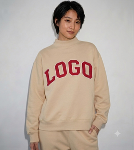 Sudadera Beige de Cuello Alto para Mujer con Estampado de Logotipo Rojo, Informal, de Punto, Manga Larga, para Otoño - Product Image 1