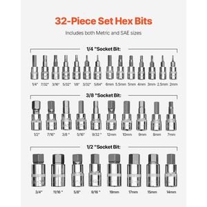 Set di 32 Pezzi di Bussole Esagonali in Acciaio S2 e Acciaio CrV, Standard SAE e Metrico, Attacchi da 1/4", 3/8", 1/2" per Riparazioni con E - Product Image 3