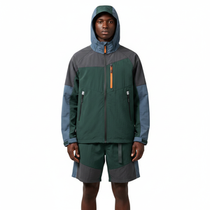 Unisex Color Blocking Tracksuit Set Hooded Windbreaker <b>Jacket</b> Shorts <b>Lightweight</b> Polyester Casual Wear Breathable Front Zipper - Product Image 3
