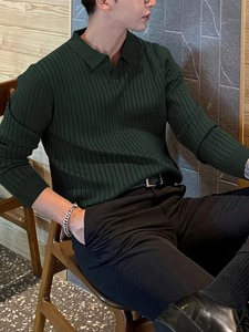 Mens Premium Ribbed Knit <b>Polo</b> Shirt Long Sleeve Slim Fit Buttonless V <b>Neck</b> Solid Color Textured Casual Men Pullover <b>Sweaters</b> - Product Image 2