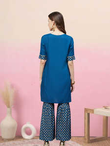 Ensemble Kurta Sharara Droit en Rayonne Imprimé Doré pour l'Été, Vêtements Traditionnels Ethniques Bleus pour Femmes, Protection Solaire, Séchage Rapide - Product Image 2