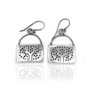 Boucles d'oreilles pendantes Arbre de Vie en argent sterling 925 – Goutte rectangulaire inspirée de la nature, fabriquées à la main, finition oxydée, bijoux artisanaux - Product Image 3