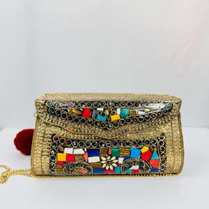 Pochette de soirée moderne de luxe faite à la main pour femmes pochette en métal nacre mosaïque sculpture indienne polie multicolore - Product Image 3