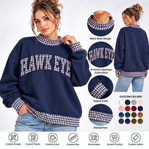 Sweat-shirt long et ample pour femme Hawk Eye, col montant, en tissu épais, avec patchwork personnalisé à carreaux vichy, logo sur le devant, style universitaire oversize - Product Image 1