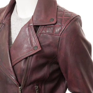 Women's Burgundy Genuine Leather Moto Jacket With Zipper Closure And Pockets Autumn Style - Product Image 3