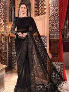 Sari de Organza con Bordado Elaborado y Diseño de Bordes Elegantes para Fiestas y Eventos Tradicionales - Product Image 4