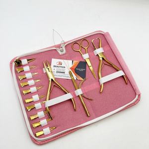 Kit d'outils pour extensions de cheveux en acier inoxydable doré au plasma, avec micro-perles, pince de pose et de retrait, étui rose et LOGO - Product Image 1
