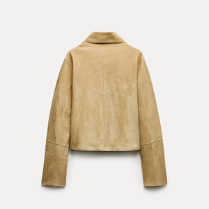 Womens Tan Genuine <b>Leather</b> Regular <b>Jacket</b> Turn-Down Collar Button Front Patch Pockets High Quality <b>Leather</b> Cotton Filling - Product Image 3