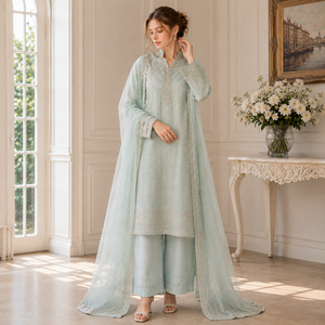 Women's <b>Mint</b> Green Premium Chiffon Formal 3-Piece Salwar Kameez Set Hand Embellishment Wrinkle-Free All Seasons Pakistan Indian - Product Image 4