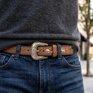 Wholesale Custom Western <b>Belt</b> Basketweave Tooled Grain Leather <b>Belt</b> with Horse Design Antique <b>Silver</b> Engraved <b>Buckle</b> Premium - Product Image 4