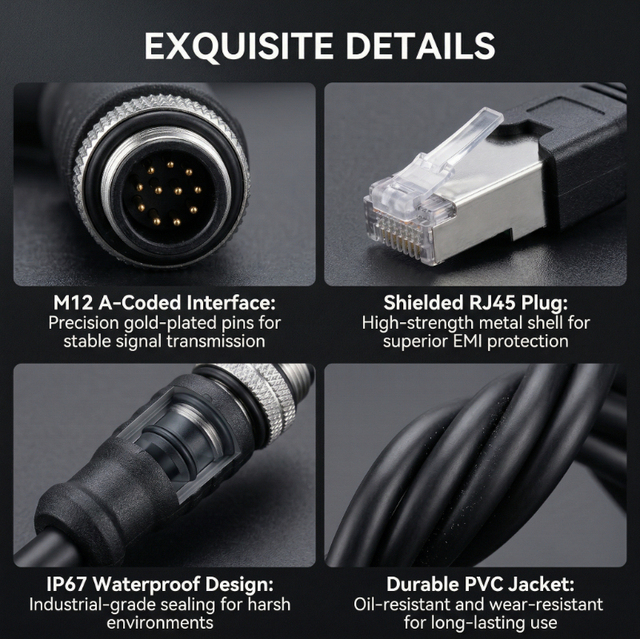 M12 8 Pin to RJ45 Ethernet Cable Industrial Network Cable Waterproof IP67 Sensor Cable