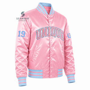 Chaqueta Universitaria Rosa de Satén para Mujer Gamma Phi Delta con Botones a Presión, Letras Griegas Bordadas, Cuello y Puños de Punto a Rayas, Ropa Universitaria - Product Image 2