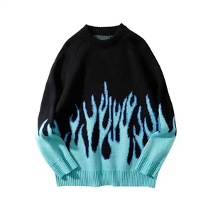 Suéter de Punto Extra Grande para Hombre, Cuello Redondo, Diseño de Llamas en Negro y Azul, Manga Larga, Estilo Otoño-Invierno, Venta al Por Mayor - Product Image 4