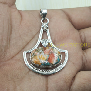 Pendentif en nacre orange, cuivre et turquoise, fait main, en argent 925, style vintage bohème ethnique, bijou artisanal unique, cadeau pour elle - Product Image 2