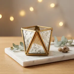 Artisan Design Square <b>Brass</b> Frame Silver Glass <b>Lantern</b> Votive Holder Handmade Home & Wedding Tabletop Decor VO55 - Product Image 2