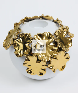 แจกันทรงกลมสีขาวประดับดอกไม้หรูหราสีทอง งานแฮนด์เมด ตกแต่งโต๊ะ ตกแต่งพื้น ราคาถูกที่สุด - Product Image 1