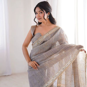 Sari traditionnel en pur coton tissé Jari avec broderie miroir et bordure de designer, ensemble de sari - Product Image 1