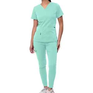 Ensemble de tenue médicale pour femme, à capuche, col en V, extensible, style jogger, en molleton 100% coton, coupe oversize, anti-boulochage, uniforme professionnel en gros - Product Image 1