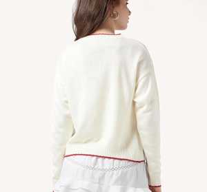 Pull d'hiver chaud en acrylique pour femme, décontracté, avec empiècements de couleur, col et ourlet à surpiqûres contrastées, blanc - Product Image 5