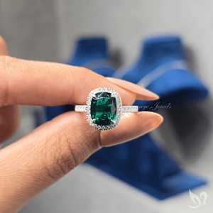 Imperial Green Cushion Emerald Ring 2.50 Ct Halo Engagement Ring Lab Grown Emerald Diamond Halo 10k White Gold Ring - Product Image 5