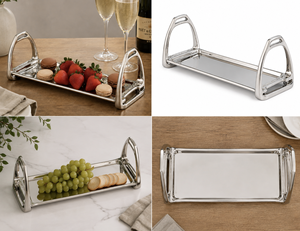 Plateau de service en métal de style mors de cheval équestre haut de gamme avec poignée, décoratif, style Mid-Century Modern, pour fruits, pour la maison - Product Image 6