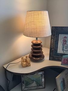 Wood Pebble <b>Table</b> Lamp with Fabric Shade Modern Wooden <b>Bedside</b> Living Room Lamp - Product Image 3