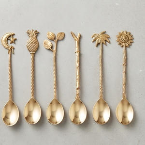 Bohemian <b>Gold</b> <b>Teaspoons</b> Set With Pineapple Moon Palm Sunflower Design Mirror Polish Flatware For Party Dining - Product Image 1