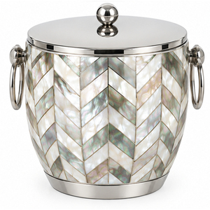 Seau à glace en nacre avec couvercle et poignée, refroidisseur à vin à double paroi en acier inoxydable, incrustation de coquillages mosaïque chevron faite à la main pour bar - Product Image 1