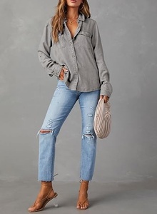 Women's Gray Cotton Button Up Shirt Three Quarter Sleeve Turn-<b>down</b> Collar Loose Fit Solid Color Breathable Shirts - Product Image 3