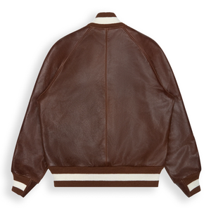 <b>Men</b>’s <b>Brown</b> Genuine <b>Leather</b> Bomber <b>Jackets</b> Striped Ribbed Collar Cuffs and Hems Zip Front Casual Premium Custom Winter Outerwear - Product Image 2