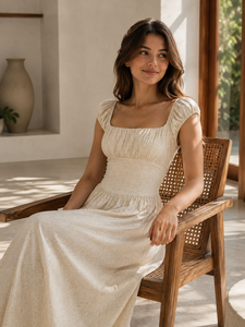 OEM Custom Women <b>White</b> Cotton Maxi <b>Dress</b> Halter Neck Ruched Bodice Cap Sleeve A-Line Bohemian Eco-Friendly Casual <b>Dress</b> - Product Image 5