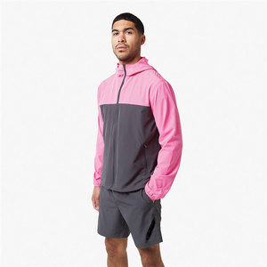 Chaqueta cortavientos con capucha para hombre, con bloques de color, cremallera y bolsillos laterales, de secado rápido, ligera, de poliéster, conjunto deportivo. - Product Image 1