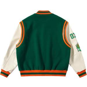 เสื้อแจ็คเก็ตหนังสีเขียวแบบ Varsity ปักตัวอักษรด้านหน้า สไตล์ Preppy ปกคอพับ ทรงปกติ ปรับแต่งได้ สำหรับฤดูใบไม้ร่วง - Product Image 4