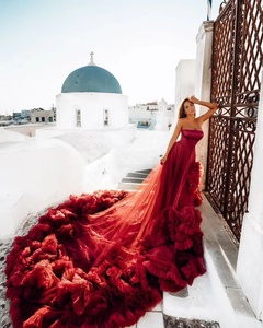 New Arrival Long Chiffon Red Formal Off-the-Shoulder <b>Dress</b> Flying 100% Silk Different Colors Wide Long Train for Women - Product Image 4