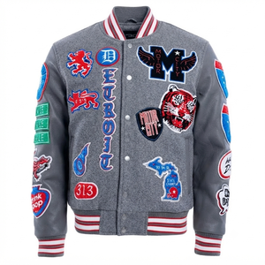 <b>men</b> varsity <b>jacket</b> wool body <b>leather</b> sleeves grey custom embroidered patches college letterman <b>jacket</b> retro vintage streetwear - Product Image 1