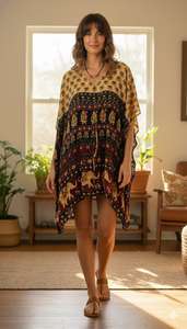 ชุดเดรสผ้าฝ้ายทำมือแบบสั้น |   ชุดคาฟทันสไตล์โบฮีเมียนสำหรับผู้หญิง |   ชุดคลุมชายหาดลายพิมพ์อินเดีย |   เสื้อคลุมฤดูร้อนทรงหลวม - Product Image 5