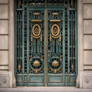 Porte d'entrée double en fer forgé orné de luxe, turquoise et or, design vintage en métal pour villa et maison - Product Image 2
