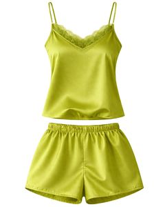 ชุดนอนเซ็กซี่ผ้าซาตินสีเขียว แต่งลูกไม้ เสื้อสายเดี่ยว กางเกงขาสั้น ชุดนอนผู้หญิง ชุดนอนผ้าไหมนุ่ม ชุดนอนฤดูร้อน ชุดลำลองสองชิ้น - Product Image 1