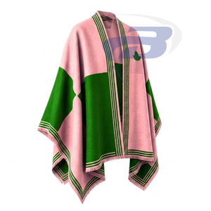 อัลฟ่า |   คาปา |   เสื้อคลุมคาร์ดิแกนสีเขียวและชมพูสำหรับผู้หญิงของ Alpha Sorority ผ้าคลุมไหล่ลายทางแบบเปิดด้านหน้า สวมใส่ได้ทุกวัน - Product Image 2