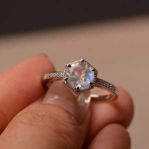 Natural Moonstone <b>Ring</b> Round Cut Gemstone <b>Ring</b> Octagon Sterling Silver June Birthstone Jewelry Gift Women - Product Image 5