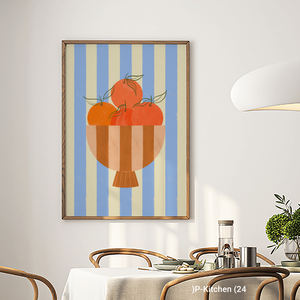 Illustration de bol de fruits aux couleurs estivales italiennes, oranges dans un bol, rayures bleues verticales, décoration murale vibrante pour salle à manger - Product Image 2