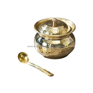 Récipient en laiton métallique à texture martelée avec couvercle et cuillère de rangement pour ghee et huile Plusieurs tailles et styles au choix - Product Image 5