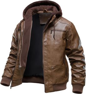 Veste de moto en cuir PU marron pour homme, à capuche, fermeture éclair sur le devant, couleur unie, style automne, manches régulières - Product Image 2