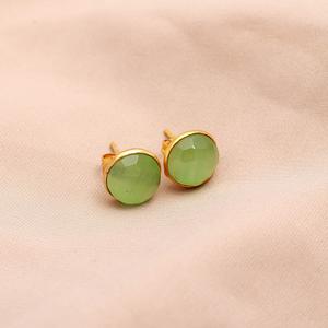 Handmade <b>Green</b> Aventurine Monalisa Round Shape Gemstone Stud <b>Earrings</b> Gold Vermeil Trendy Gold Plated Wholesale Supplies - Product Image 4