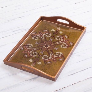 Plateau de service en bois imprimé avec poignées, plateau décoratif carré pour le petit-déjeuner, le café, les collations, la décoration de table - Product Image 2