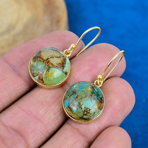 Natural Boulder Turquois Round Shape Gemstone <b>Hook</b> <b>Earring</b> 18k Gold Finish Over 925 Sterling Silver - Product Image 3