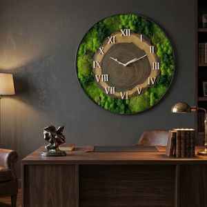 Handmade Wooden Wall <b>Clock</b> with Moss Forest Inspired Roman Numeral Timepiece Rustic Wood Slice <b>Clock</b> with Moss Unique Wall Decor - Product Image 3